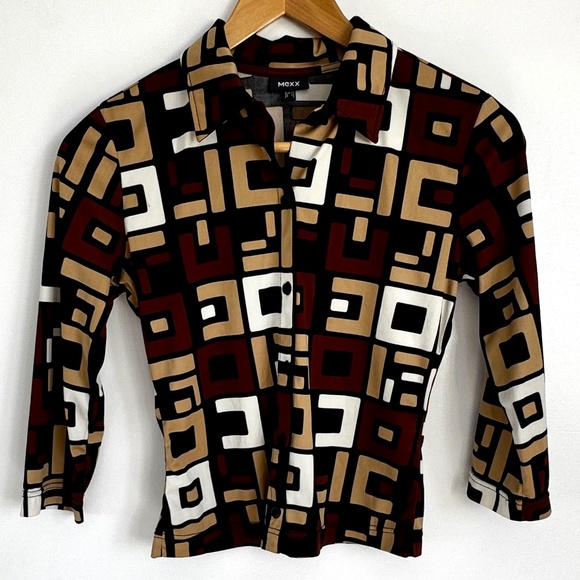 Vintage Retro Art Deco 70's Style Y2K Shirt Tie/Belt 3/4 Sleeves Brown Size XS - Picture 4 of 12